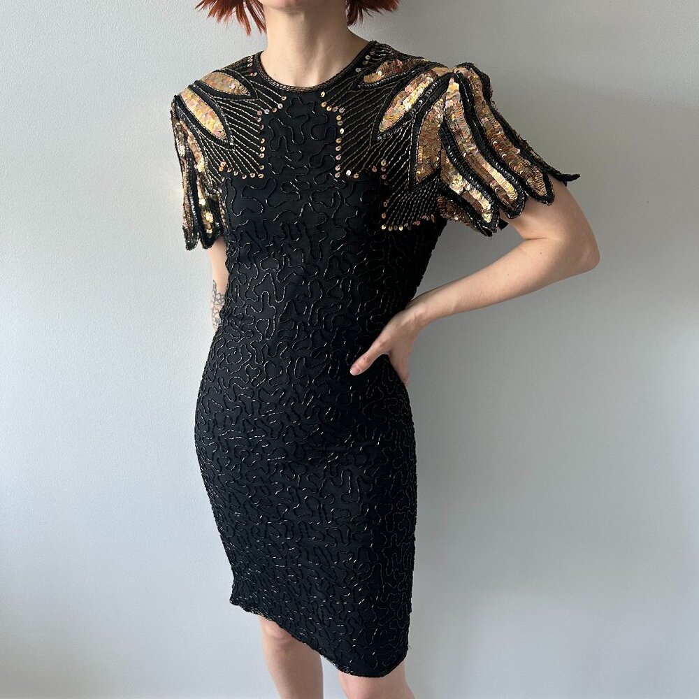 Vintage Stenay Embellished Beaded Sequin Black And Gold Silk Cocktail Dress
